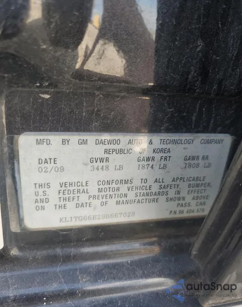 2009 Chevrolet Aveo Lt z USA, uszkodzony, nr VIN KL1TG66E29B667028